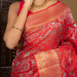 Bright Red Floral Kanjivaram Silk Saree