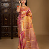 Golden Pink Floral Kanjivaram Silk Saree