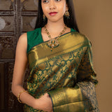 Bottle Green Floral Kanjivaram Silk Saree