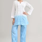 White And Blue Cotton Chikankari Suit Set