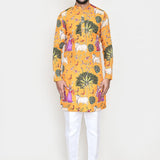 Yellow Rayon Set With Digital Print And Sequins Work