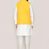 White Art Silk Kurta Set With Yellow Jacket