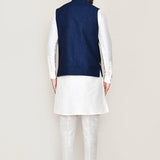 White Art Silk Kurta Set With Blue Cotton Jacket