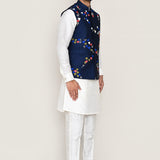 Dark Blue Cotton Jacket With Threadwork