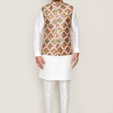 White Art Silk Kurta Set With Multicolour Jacket