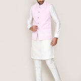 White Art Silk Kurta Set With Pink Cotton Jacket
