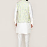 White Art Silk Kurta Set With Pista Green Jacket