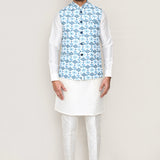 Off White Art Silk Kurta Set With Blue Jacket