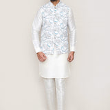 White Art Silk Kurta Set With Cotton Jacket