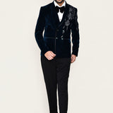 Dark Blue Velvet Suit Set With Bow