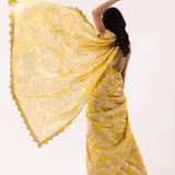 Bright Yellow Viscose Jacquard Saree With Scallop Border