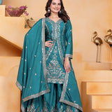 Teal Blue Embroidered Crepe Sharara Set