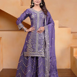 Mauve Purple Silk Embroidered Sharara Set