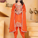 Orange Floral Embroidered Silk Kurta Set
