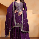 Purple Wine Embroidered Crepe Sharara Set