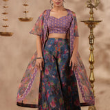 Bluish Grey Organza Floral Printed Indo-Western Co-Ord Set
