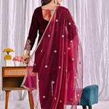 Wine Velvet Embroidered Sharara Set