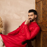 Red Cotton Blend Mirror Work Kurta Set