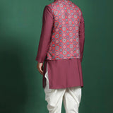 Red Cotton Blend Kurta Set With Printed Nehru Jacket