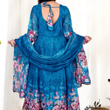 Aqua Blue Organza Floral Printed Anarkali Set