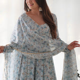 Sky White Organza Floral Printed Anarkali Set