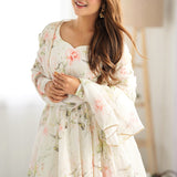 Pearl White Organza Floral Printed Anarkali Set