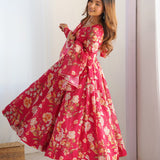 Brink Pink Organza Floral Printed Anarkali Set