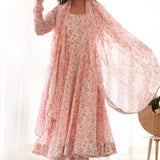 Light Peach Organza Floral Printed Anarkali Set