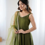 Mehndi Green Chanderi Solid Anarkali Set