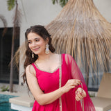Magenta Pink Chanderi Solid Anarkali Set