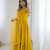 Bright Yellow Chanderi Solid Anarkali Set