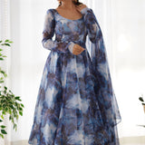 Ocean Blue Organza Floral Printed Anarkali Set