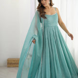 Pastel Blue Silk Embroidered Anarkali Set