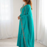 Turquoise Chanderi Embroidered Anarkali Set