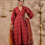 Maroon Cotton Printed Kurti Set
