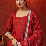 Maroon Cotton Floral Printed Anarkali Set