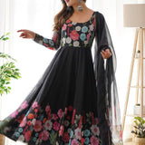 Crayon Black Organza Floral Printed Anarkali Set