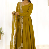 Bright Mehndi Chanderi Solid Pattern Anarkali Set