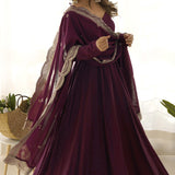 Wine Chanderi Solid Pattern Anarkali Set