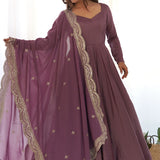 Vintage Purple Chanderi Solid Pattern Anarkali Set