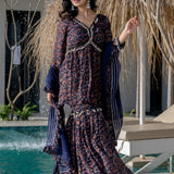 Navy Blue Brasso Floral Printed Sharara Set