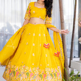 Bright Yellow Tissue Embroidered Lehenga Set