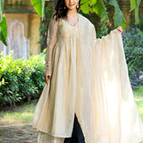 Pastel Cream Tissue Solid Anarkali Set