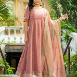 Pastel Peach Tissue Solid Anarkali Set