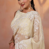 Soft Beige Thread Embroidered Organza Saree