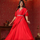 Scarlet Red Crepe Belt Draped Solid Dupatta Dress