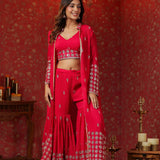 Red Georgette Embroidered Indo-Western Choli Set