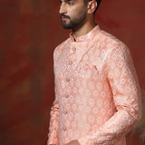 Peach Pink Cotton Blend Printed Sherwani Set