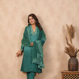 Teal Green Russian Silk Solid Kurti Set