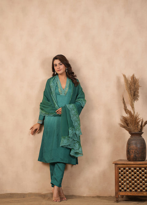 <img> Teal Green Russian Silk Solid Kurti Set